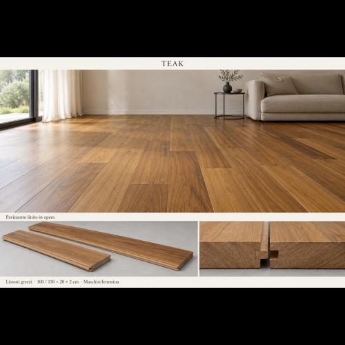Rendering illustrativo Teak pavimento e dettaglio incastro in massello 20 mm
