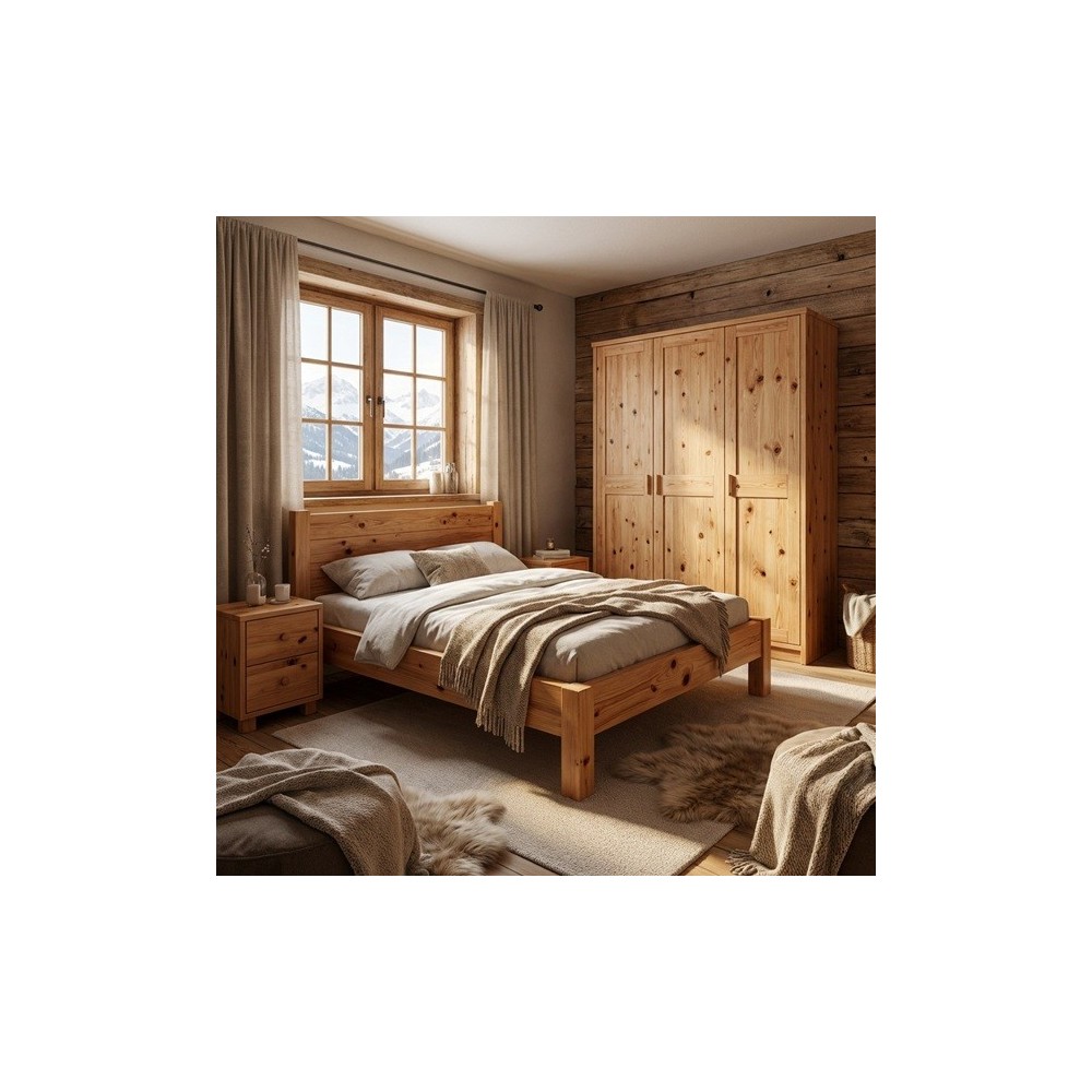 Camera da letto in cirmolo con letto, comodino e armadio: ambientazione illustrativa dal catalogo BB Design Milano