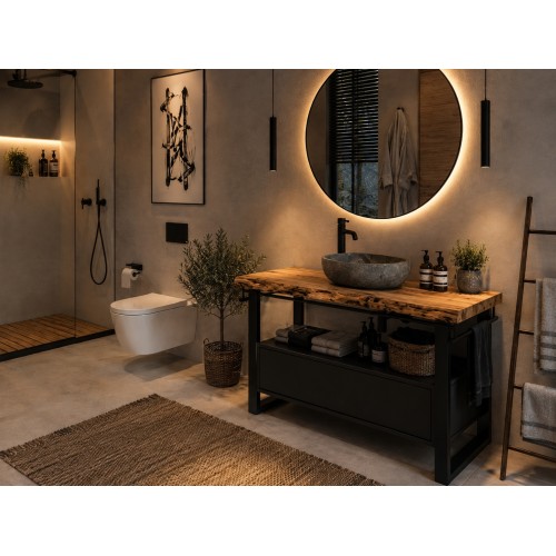Mobile bagno industrial 100 cm in legno massello e ferro nero con cassettone e lavabo in pietra BB Design Milano