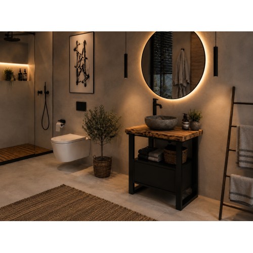 Mobile bagno industrial compatto in legno massello e ferro nero con cassettone e lavabo in pietra BB Design Milano